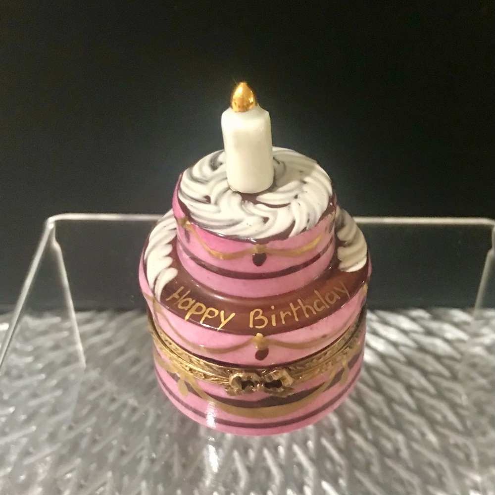 Limited Edition, Limoges Pink and Gold Happy Birthday Cake with Candle